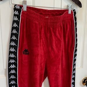 Kappa Velour Red Joggers with Black Logo Stripes Athleisure gym workout
